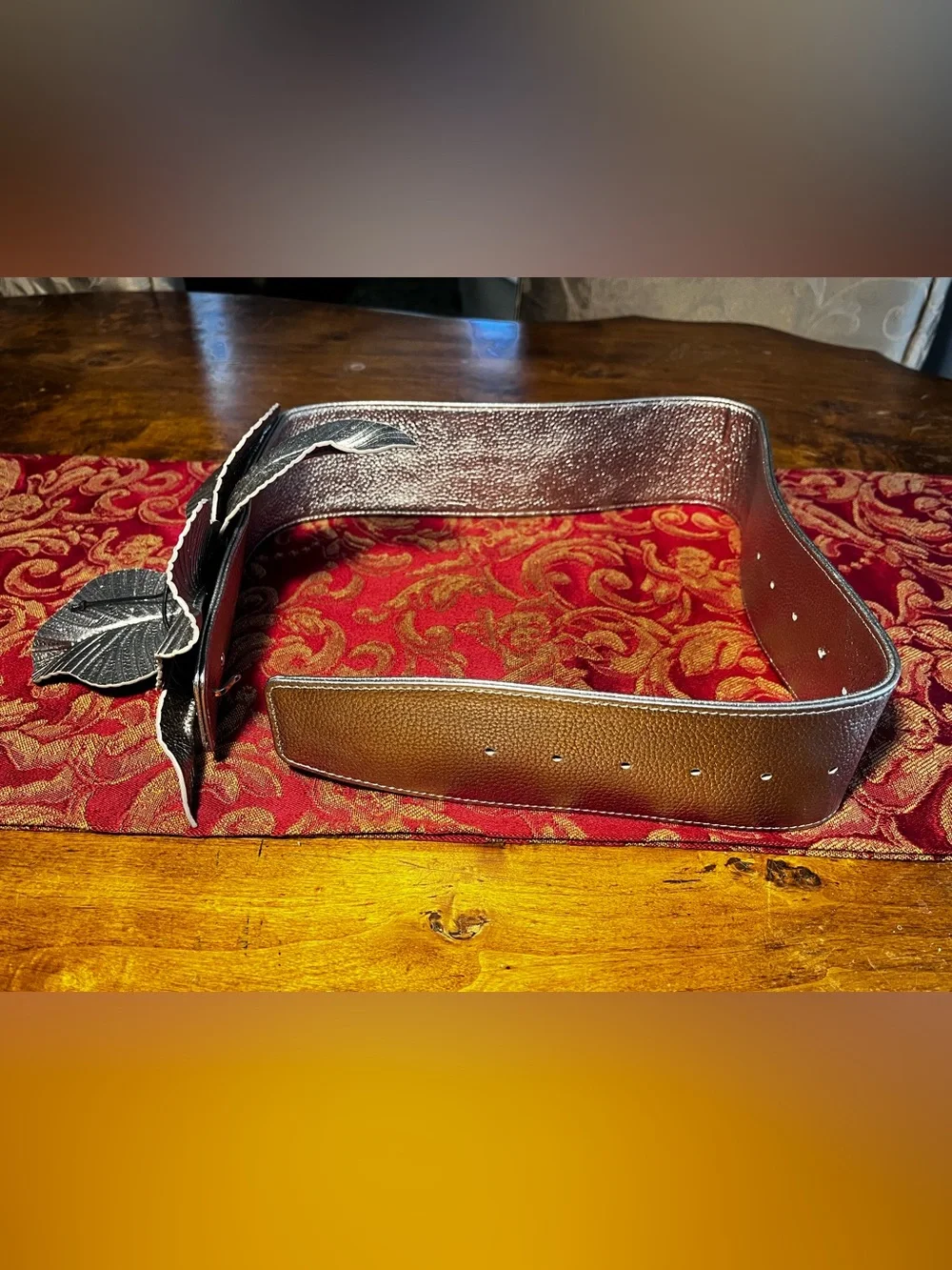 Anne Fontaine Carrie Belt Metallic Silver Leather Floral Leaf Statement Belt